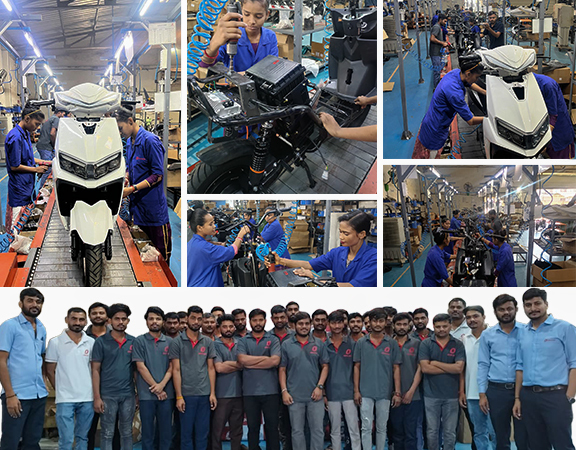 Odysse assembly line with technicians building a scooter