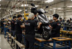 Odysse assembly line with technicians building a scooter