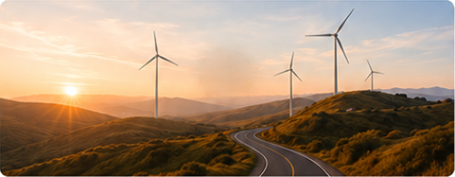 Wind turbines along a winding road at sunset